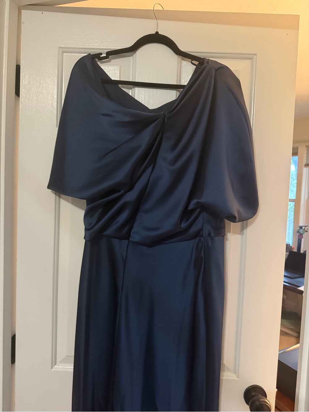 Amsale Navy Satin Asymmetric One-Shoulder Midi Dress